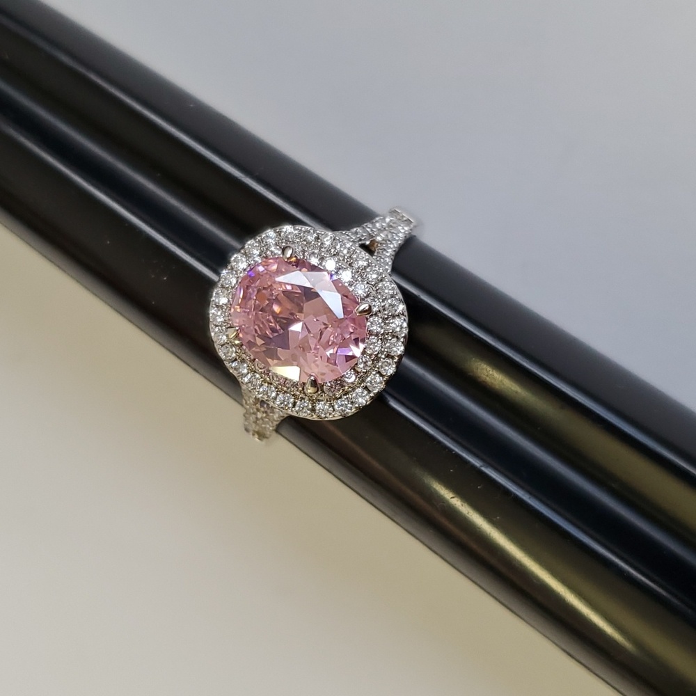 Watch Video / Vintage Pink Oval Halo Ring with Pavé Accents